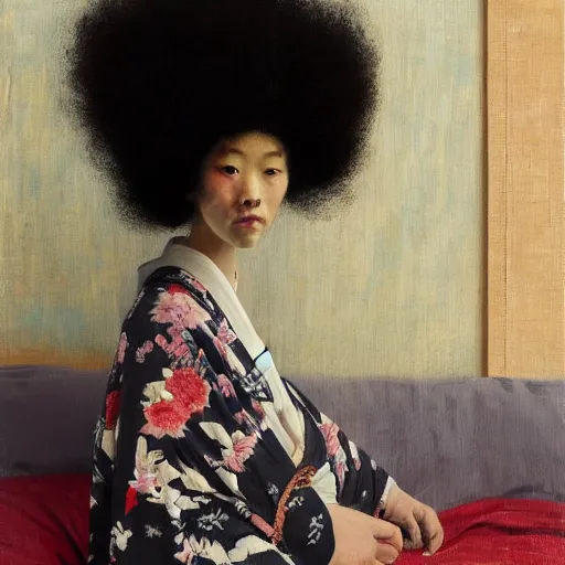 Image similar to girl with a samurai mask on, with afro, in kimono, frontview, sitting on edge of the bed, by jeremy lipking, tim rees, joseph todorovitch