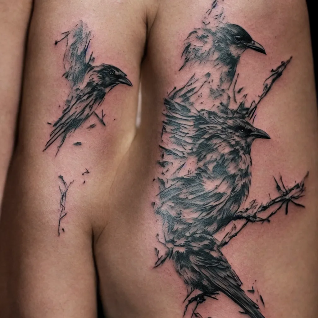 Prompt: bird tatoos, sparks, tree bark, photorealistic, hd, trending on artstation