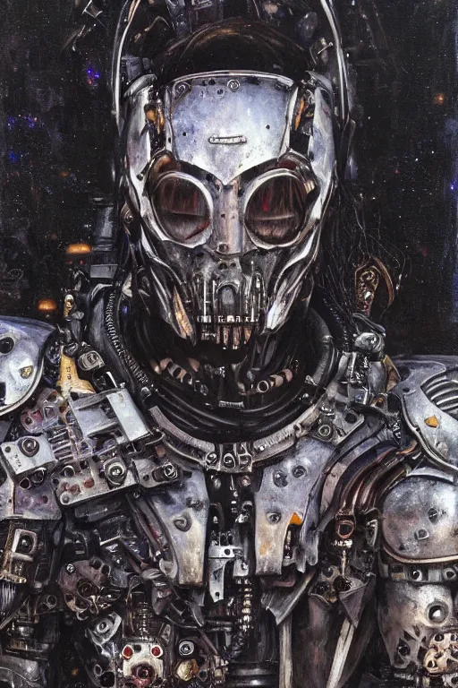 Image similar to portrait of demonic gothic Tom Cruise in mechanical armor, cyberpunk, Warhammer, highly detailed, artstation, illustration, art by Gustav Klimt