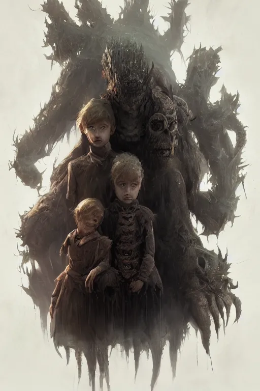 Image similar to A portrait of a monstrous Children by Greg Rutkowski, Sung Choi, Mitchell Mohrhauser, Maciej Kuciara, Johnson Ting, Maxim Verehin, Peter Konig, Bloodborne, 8k photorealistic, cinematic lighting, HD, high details, dramatic, dark atmosphere, trending on artstation