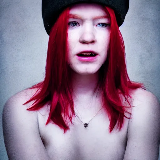 Prompt: Portrait of a with red hair and a purple hat who cries with tears of blood, 50 mm, hyper-realistic, 8K HDR.