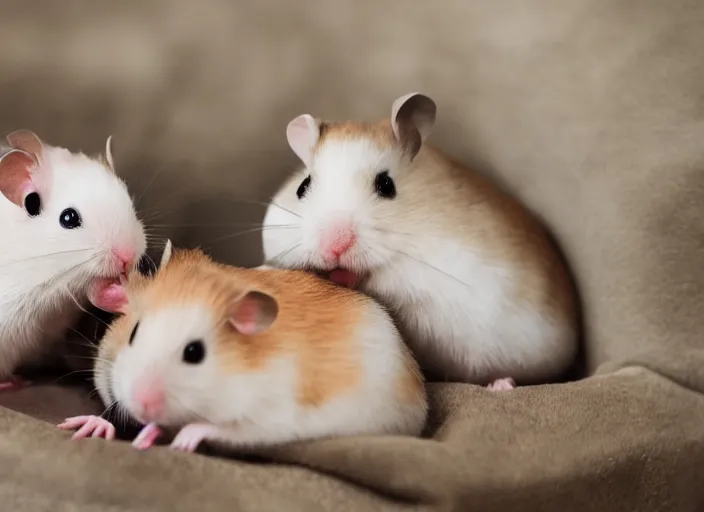 Image similar to photo of a two hamsters laying inside a bed, cinematic color grading, various poses, soft light, faded colors, well framed, sharp focus, 8 k