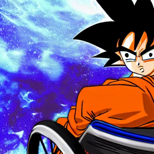 Prompt: Goku on wheel chair,