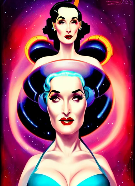 Image similar to a retro sci - fi pinup illustration of dita von teese in the style of anna dittmann and in the style of charlie bowater.