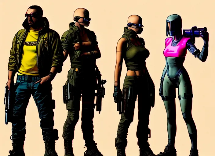 Image similar to cyberpunk mercenary team. portrait by stonehouse and mœbius and will eisner and gil elvgren and pixar. character design. realistic proportions. cyberpunk 2 0 7 7 character art, blade runner 2 0 4 9 concept art. cel shading. attractive face. thick lines. the team. diverse characters. artstationhq.