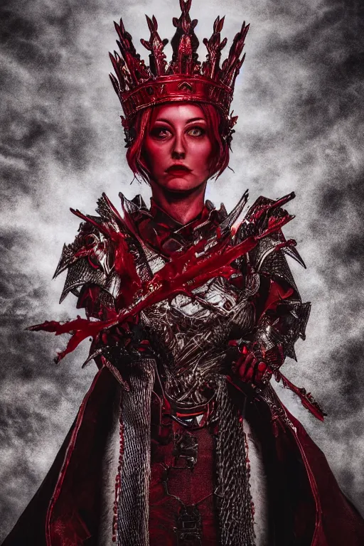 Prompt: the blood crown queen wears the scarlet armor on the bleeding throne, cinematic lighting, various refining methods, micro macro autofocus, ultra definition, award winning photo