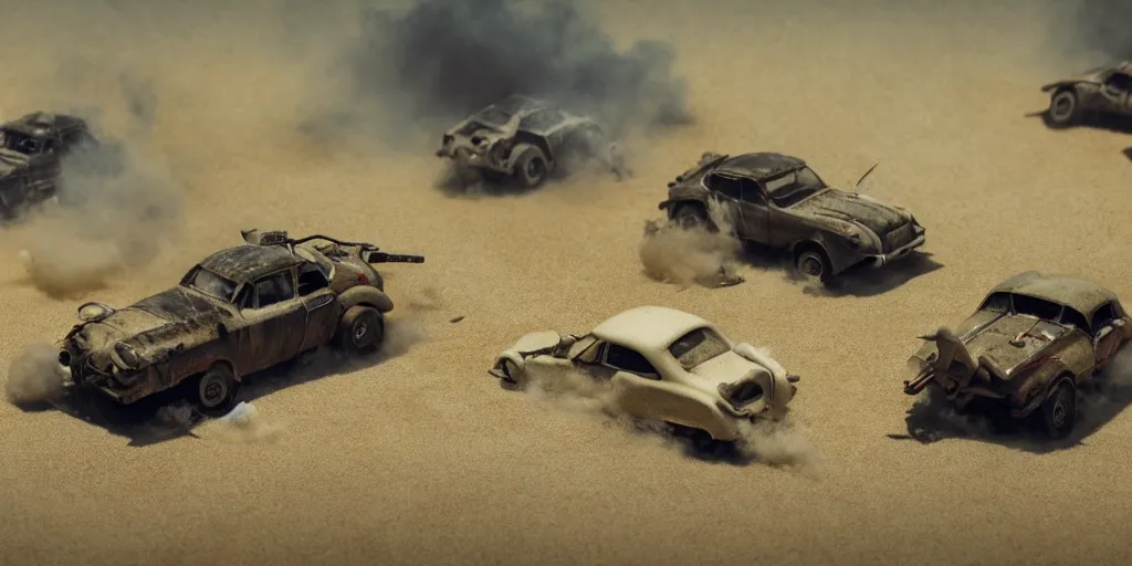 Image similar to needle felt of car chase scene from fury road ( 2 0 1 5 ), tilt shift, action shot, explosions, dust, detailed textures, dramatic light, god rays