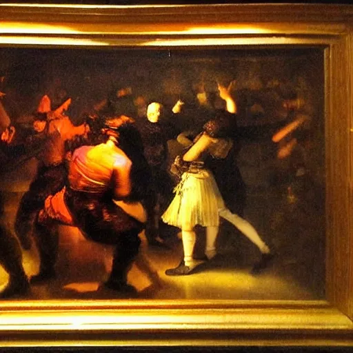 Prompt: dark dancing silhuettes in a dance club, colorful lights, dramatic lighting, a lot of energy, oil painting by rembrandt