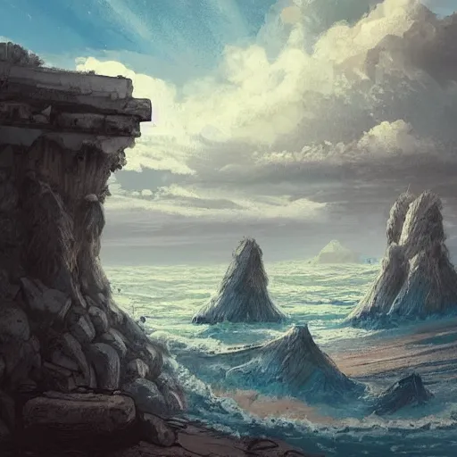 Prompt: digital 2 d, traditional paint, mixed media, concept art, illustration, environmental concept art & design, ruins, coast, ocean, sea, beach, remains, greek, pillars, vagrants, forest of liars, twilight, clouds, sky, coastline, sylvain sarrailh