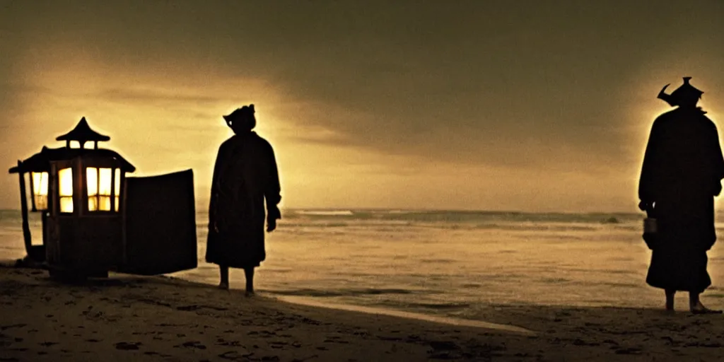 Image similar to film still of closeup old man holding up lantern by his beach hut at night. pirate ship in the ocean by emmanuel lubezki