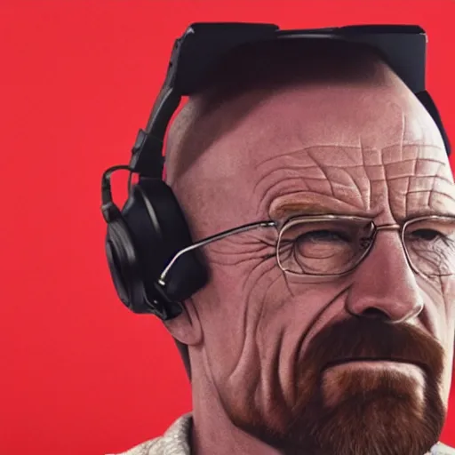 Image similar to close up, cropped award winning photo of walter white wearing pink headphones and shouting, incredibly detailed, sharp focus, hyper realistic