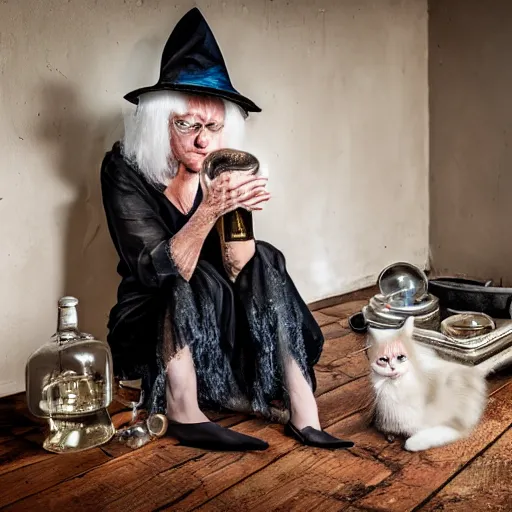 Image similar to a full body protrait beautifull witch with white hair in old room. A cristal ball on a wood table with a potions and old instruments. A cat on the floor licking his paw. photorealistic, profesional photo, by Steve McCurry