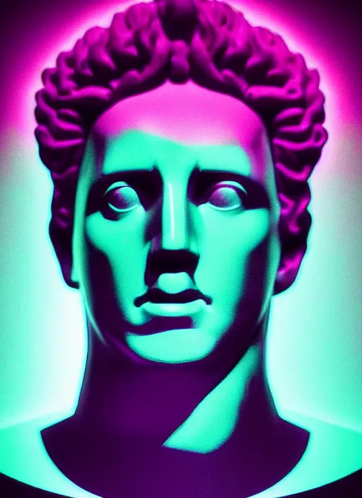 Image similar to bust of victorious caesar, beeple, vaporwave, retrowave, black background, neon wiring, black, glitch, strong contrast, cuts, pinterest, trending on artstation