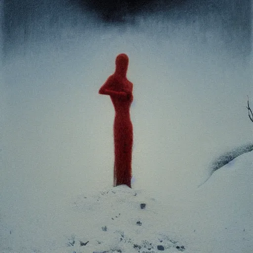 Image similar to a surrealist painting of a lonely woman with white skin and red hair, standing over pile of bodies in post apocalyptic snowy landscape, painted by beksinski