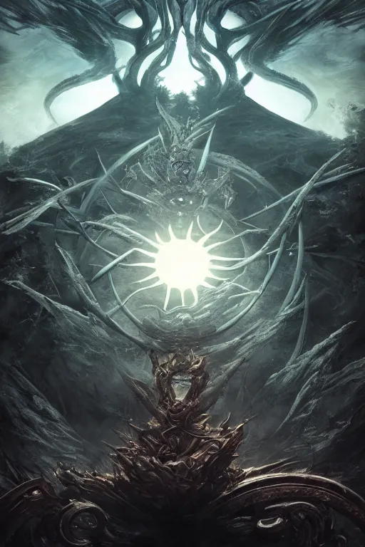 Prompt: an ultra detailed 3 d render of the sun tzu as an elden ring boss, epic anime fantasy, 8 k, in the style of a fantasy metal album cover and magic the gathering, volumetric lighting, smooth, highly detailed, digital illustration, octane render, art by albert bierstadt and greg rutkowsi, artstation