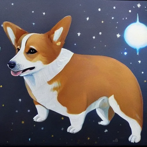 Prompt: a stunning painting of a majestic corgi cosmonaut, highly detailed, vintage, muted colors, heroic, intense, dynamic