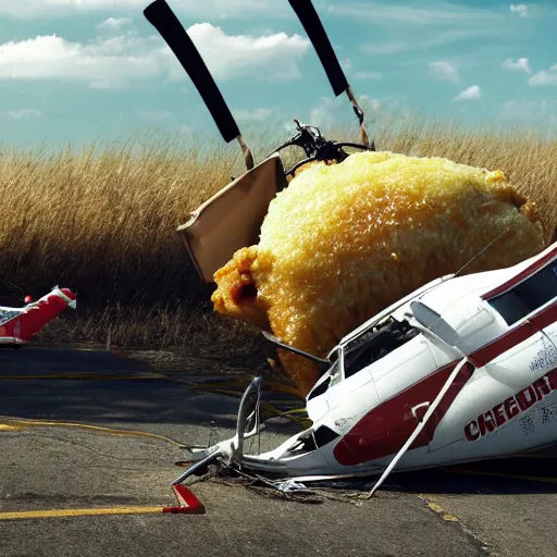 Image similar to a crashed helicopter next to a giant fried chicken, 8k resolution, amazing detail