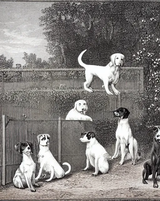 Prompt: “Who Let the Dogs Out” constables investigate the scene of a quaint garden, overrun by champion show dogs canines, a Victorian lithograph