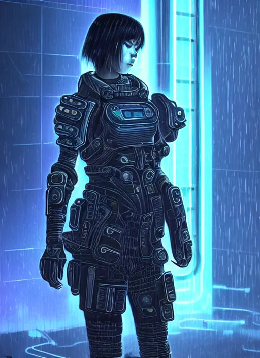 Image similar to stunning futuristic superb cyberpunk young female Samurai wearing samurai armor hybrid with military tactical vest, armor has neon circuitry, sci-fi in futuristic stormy heavy rain thunder flashing tokyo rooftop cyberpunk night, sci-fi,fantasy, intricate, very very beautiful, elegant, neon light, highly detailed, Cinematic, digital painting, artstation, hyper realism, concept art, soft light, hdri, smooth, sharp focus, illustration, art by tian zi and craig mullins and WLOP and alphonse mucha