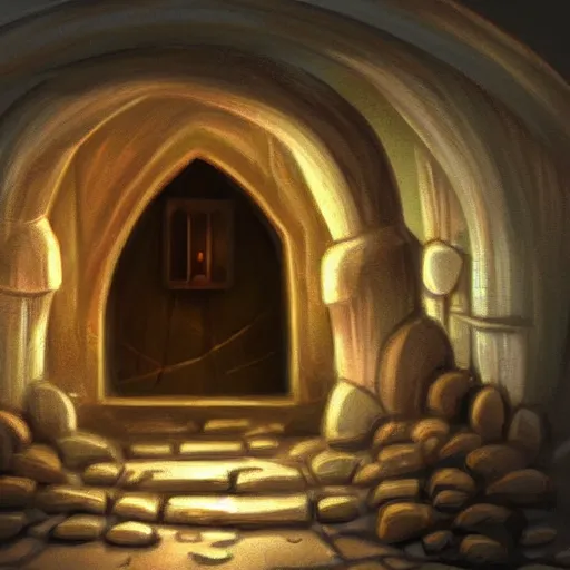 Image similar to hidden door in a secret crypt. undergound, firelight, illustration, concept art