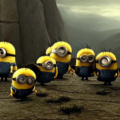 Prompt: the still of the minions in Lord of The Rings,