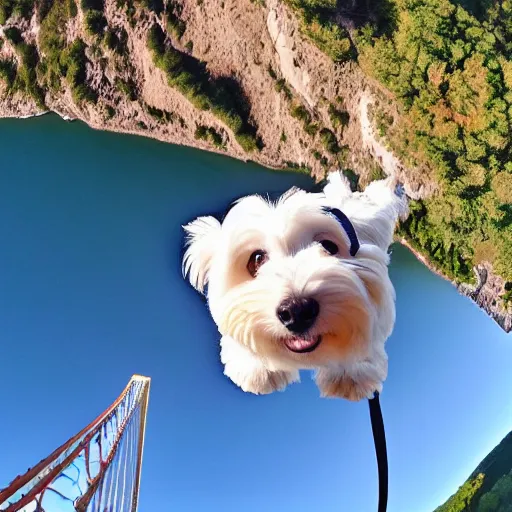 Prompt: a cream-colored havanese bungee jumping, gopro photo, 4k