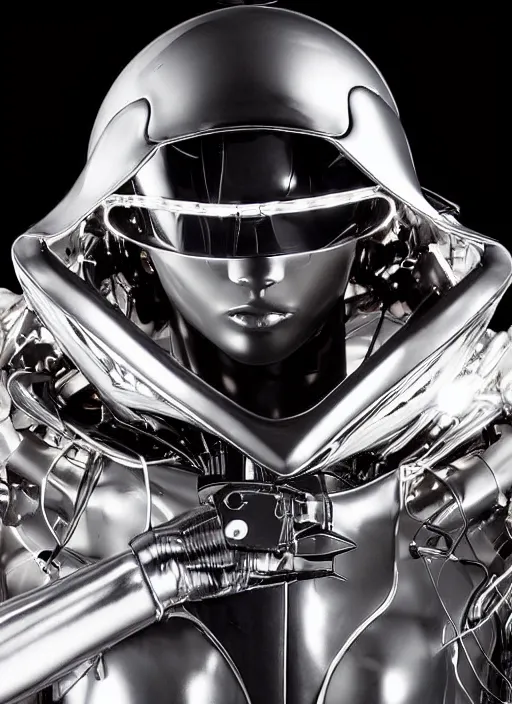 Image similar to Close upper body shot. Artistically angled subject. Professional studio portrait lighting. Technological fashion photography. Mechanical cybernetic suit designed by Ikeuchi Hiroto. Wearable design. Hydraulics. Reflective domes. Intricate tech. Formfitting. Bulky wearables. Receiver Antennae.