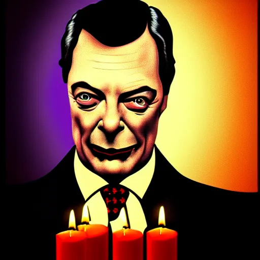 Image similar to nigel farage as count dracula, dramatic movie poster, candle light, digital art, detailed, dark intense colors