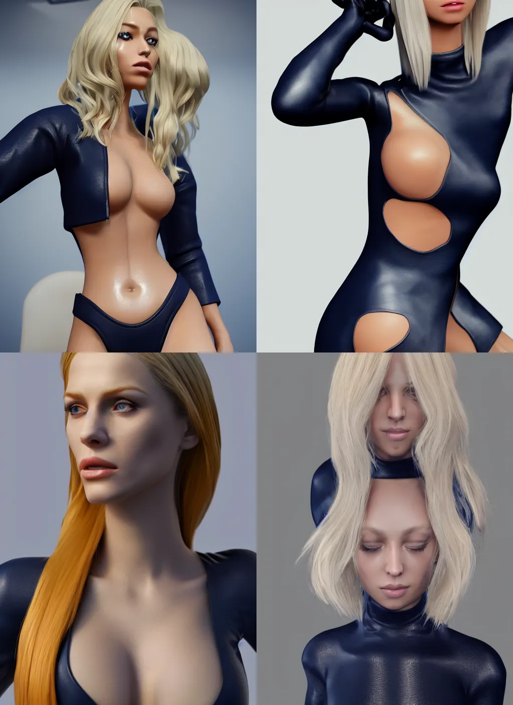 Image similar to beautiful blonde model, 2 arms, tight navy-blue leather outfit, full body and face and head, photorealistic, extreme detail, octane render, artstation, unreal engine