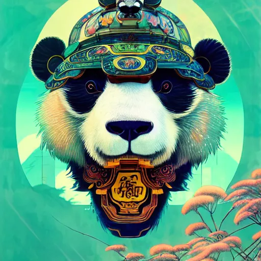 Image similar to a beautiful hyperdetailed character design 4 k wallpaper illustration of a cute panda with a chinese lion dance head victo ngai cyberpunk style, from china, style of studio ghibli, makoto shinkai, raphael lacoste, louis comfort tiffany, artgerm, james jean, ross tran, chinese style