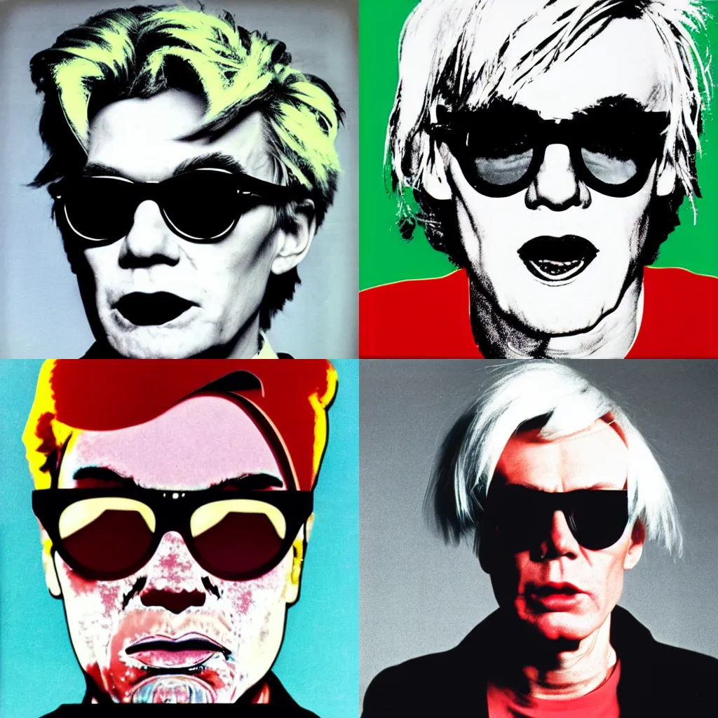 Prompt: portrait of very angry andy warhol looking sternly into the camera and wearing designer sun glasses, in the style of andy warhol, high quality, hd