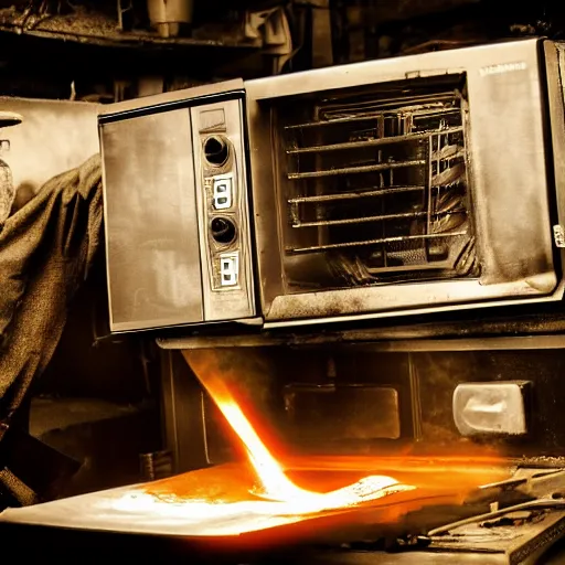 Image similar to cyborg toaster oven repairman, dark messy smoke - filled cluttered workshop, dark, dramatic lighting, orange tint, sparks, plasma rays, cinematic, highly detailed, sci - fi, futuristic, movie still