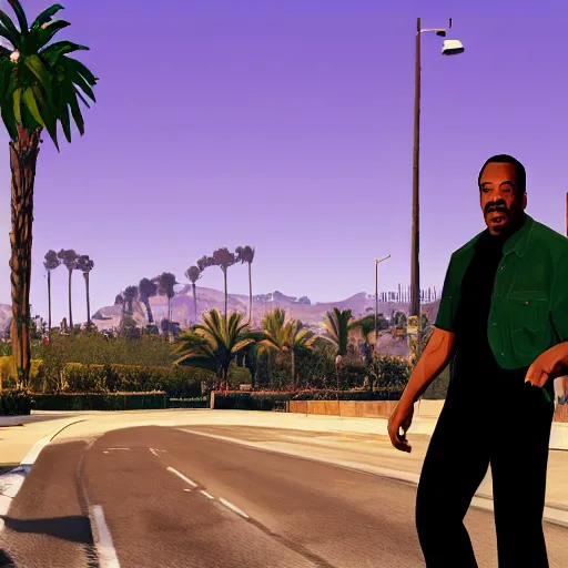 Image similar to Eddie Murphy in GTA V. Los Santos in the background, palm trees. In the art style of Stephen Bliss