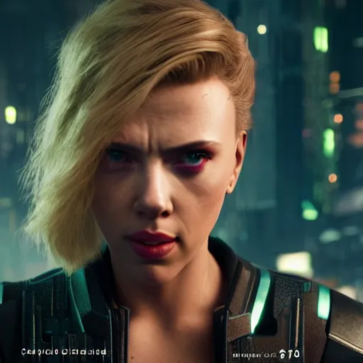 Image similar to angry cybernetic scarlett johansson after a bad mission in Cyberpunk 2077. CP2077. 3840 x 2160