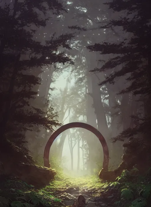 Prompt: a beautiful detailed matte painting of ancient ornamental mystical gate in the middle of forest by atey ghailan, by greg rutkowski, by ghibli, hyper realistic, dynamic lighting, concept art, vibrant, detailed, grunge aesthetic, clean, sharp, trending on artstation