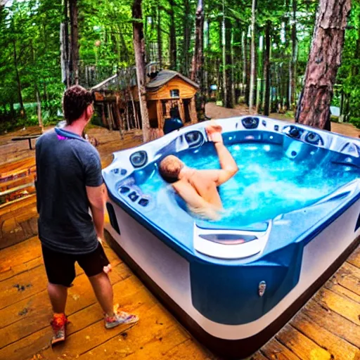Prompt: hot tub rave outside a woodland cabin