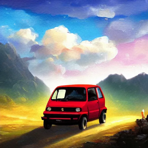 Prompt: fiat panda riding in mountains, dramatic light, impressionist painting, clouds, digital painting, artstation, simon stalenhag