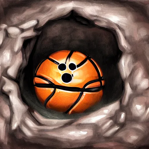 Prompt: a mimic disguised as a basketball inside of a cave gnarling it's teeth, fantasy, digital painting