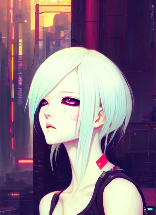 Prompt: portrait Anime girl cyberpunk, cute-fine-face, white-hair pretty face, realistic shaded Perfect face, fine details. Anime, cyberpunk. realistic shaded lighting by Ilya Kuvshinov and Gustav Klimt