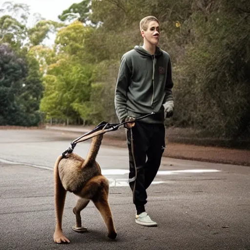 Image similar to Pete Davidson walking a kangaroo, 4k, photorealistic,