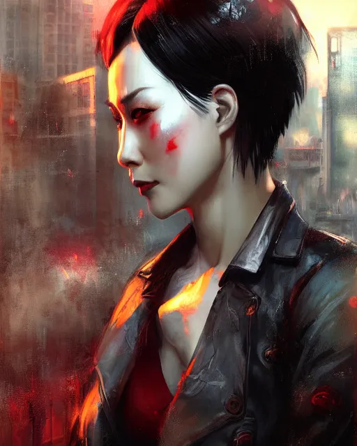 Image similar to battle hardened, sly, cunning, rugged ada wong, face centered portrait, confident, ruined cityscape, zombies, fog, rain, volumetric lighting, soft light particles floating near her, illustration, perfectly shaded, soft painting, art by krenz cushart and wenjun lin