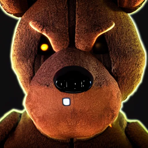 Image similar to A photo of the person in black bear suit, animatronic black Freddy Fazbear with red glowing eyes, 8k, ultra detail, volumetric lighting, unreal engine, octane render, ultra realistic, max quality, epic 35 mm lens shot, photorealism