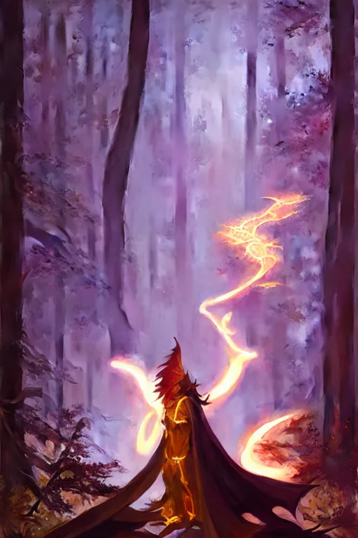 Prompt: a dark dragon is gnawing a wizard in a white robe with a golden border, in a magical forest clearing, details, purple fire around magic arena, arcane style, futurism, painting by greg rutkowski, j. c. leyendecker, artgerm