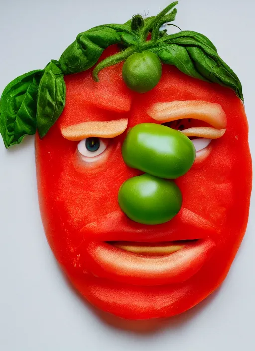 Prompt: tomato in the shape of a human face, human face made out of tomato, tom hanks made out of tomato, professional food photography, unreal engine