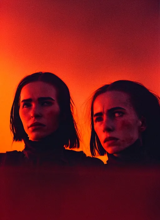 Image similar to cinestill 5 0 d photographic portrait of two loving female androids wearing rugged black techwear on a desolate plain with a red sky, extreme closeup, cyberpunk style, leather garters, dust storm, 8 k, hd, high resolution, 3 5 mm, f / 3 2, ultra realistic faces, ex machina