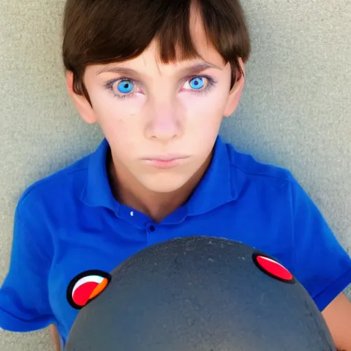 Image similar to serious looking 9 year old boy with googly eyes