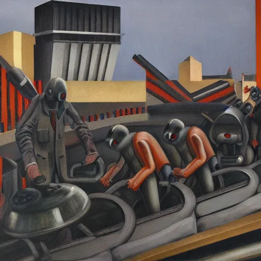 Prompt: drab human slaves on a conveyor belt, giant steel teeth, guarded by fascist robot overlords, brutalist facility, dystopian, pj crook, edward hopper, oil on canvas