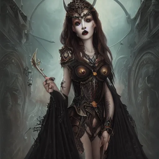 Image similar to tom bagshaw, very beautiful genetic mix of dove cameron madison beer bella poarch in a dark fantasy warrior splendid armor, ornaments, thin gothic makeup, professionally retouched, focus eyes, ultra realistic soft painting, insanely detailed linework, symmetrical accurate intricate features, behance artstation, 8 k