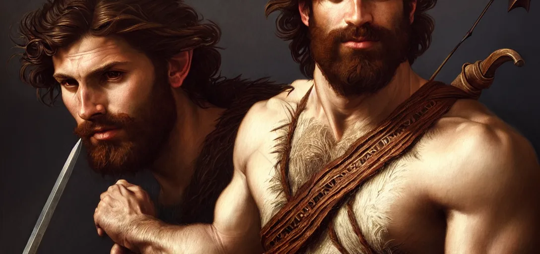 Image similar to renaissance upper body portrait of a gruff ranger with a spear, lean and toned, handsome face, hairy chest, D&D, intricate, elegant, highly detailed, digital painting, artstation, concept art, matte, sharp focus, illustration, art by da Vinci, Artgerm and Greg Rutkowski and Alphonse Mucha