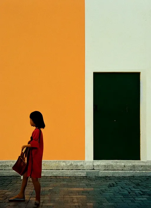 Prompt: minimalist street photography by wes anderson and by steve mccurry, singapore ( 2 0 1 8 ), portra 4 0 0, intense shadows, warm hue, golden hour